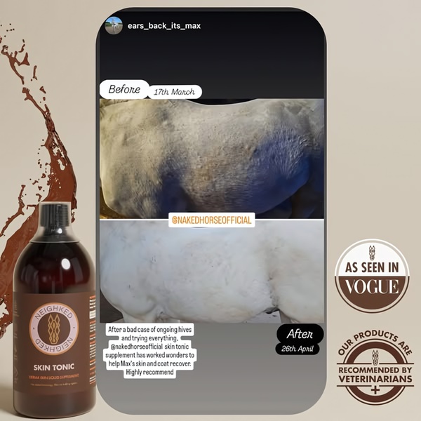 A split-screen comparison showing horse skin recovery before and after using a specific skin tonic supplement, emphasizing social proof and authority.